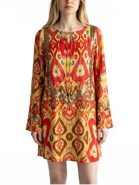 Flowy BENARES Flared Sleeve Sequin Design Orange Print Top Tunic M
